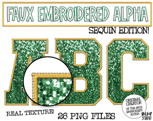 Faux Embroidered SEQUIN Alphabet Set - GREEN/GOLD