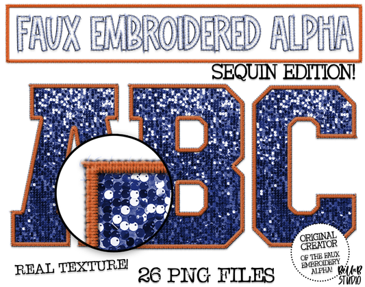 Faux Embroidered SEQUIN Alphabet Set - Navy/Orange