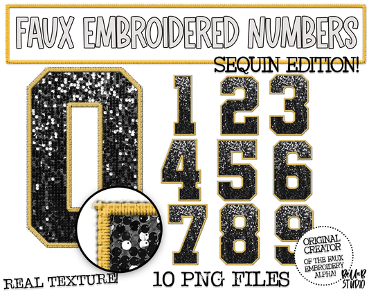 Faux Embroidered SEQUIN Number Set - Black/Gold