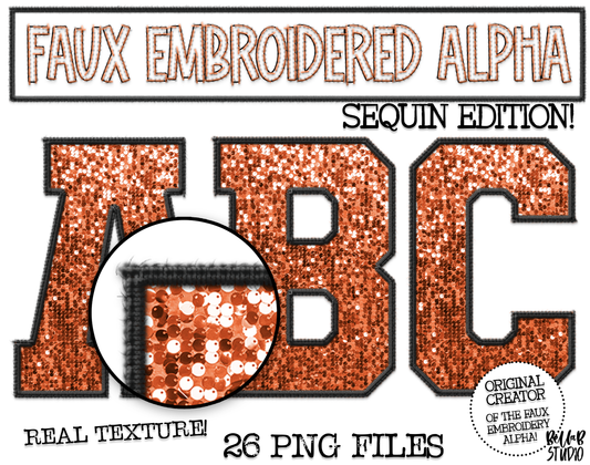 Faux Embroidered SEQUIN Alphabet Set - Orange/Black