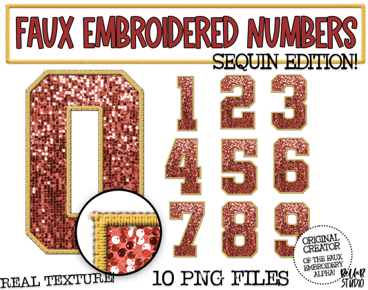 Faux Embroidered SEQUIN Number Set - Red/Gold