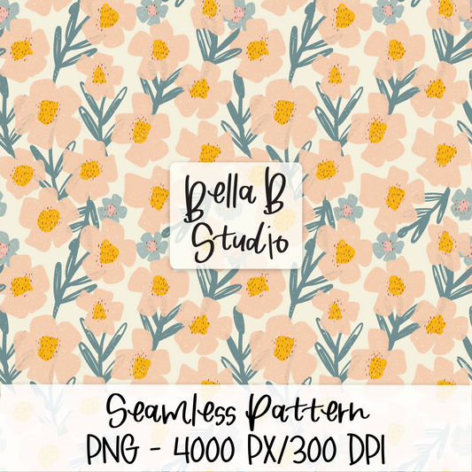 Peachy Blue Distressed Floral Seamless Digital Paper - PNG File