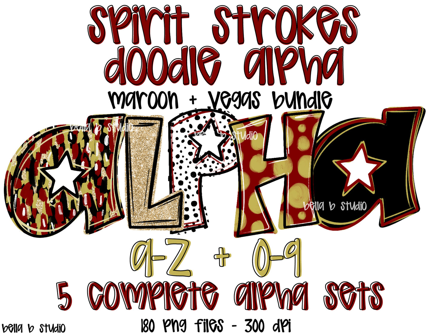 Maroon Vegas Gold Spirit Strokes Doodle Alpha Bundle - Set of 5 Alphabets