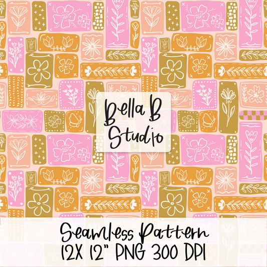 Doodle Flower Patchwork Seamless Digital Paper - PNG File