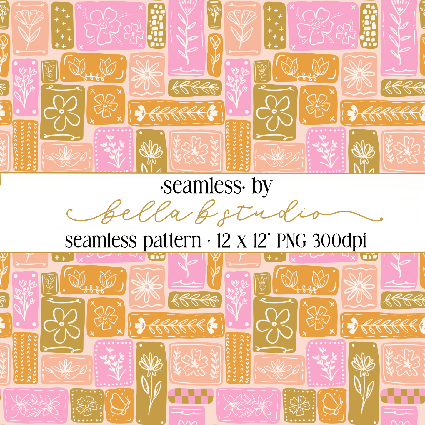 Doodle Flower Patchwork Seamless Digital Paper - PNG File