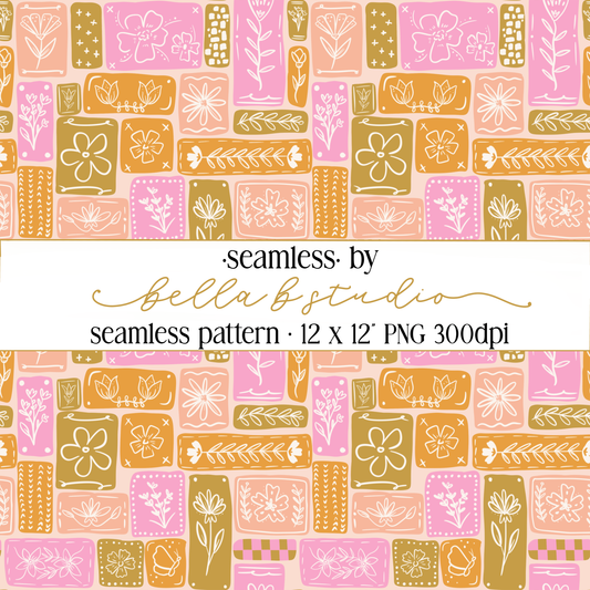Doodle Flower Patchwork Seamless Digital Paper - PNG File