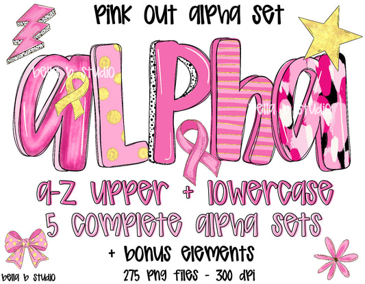 Pink Out Doodle Alpha Bundle - Set of 5 Alphabets + Elements