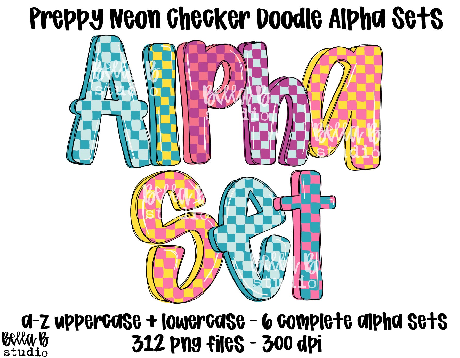 Preppy Neon Checker Doodle Alpha Bundle - Set of 6 Alphabets – Bella B ...