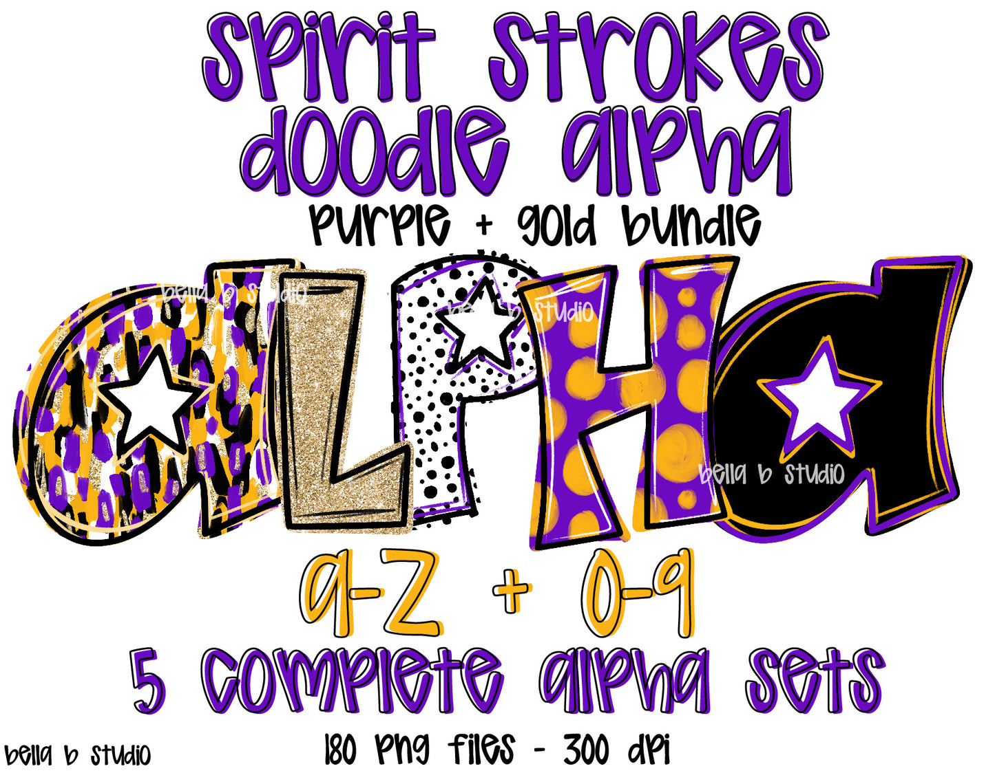 Purple Gold Spirit Strokes Doodle Alpha Bundle - Set of 5 Alphabets