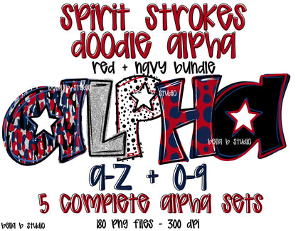 Red Navy Spirit Strokes Doodle Alpha Bundle - Set of 5 Alphabets