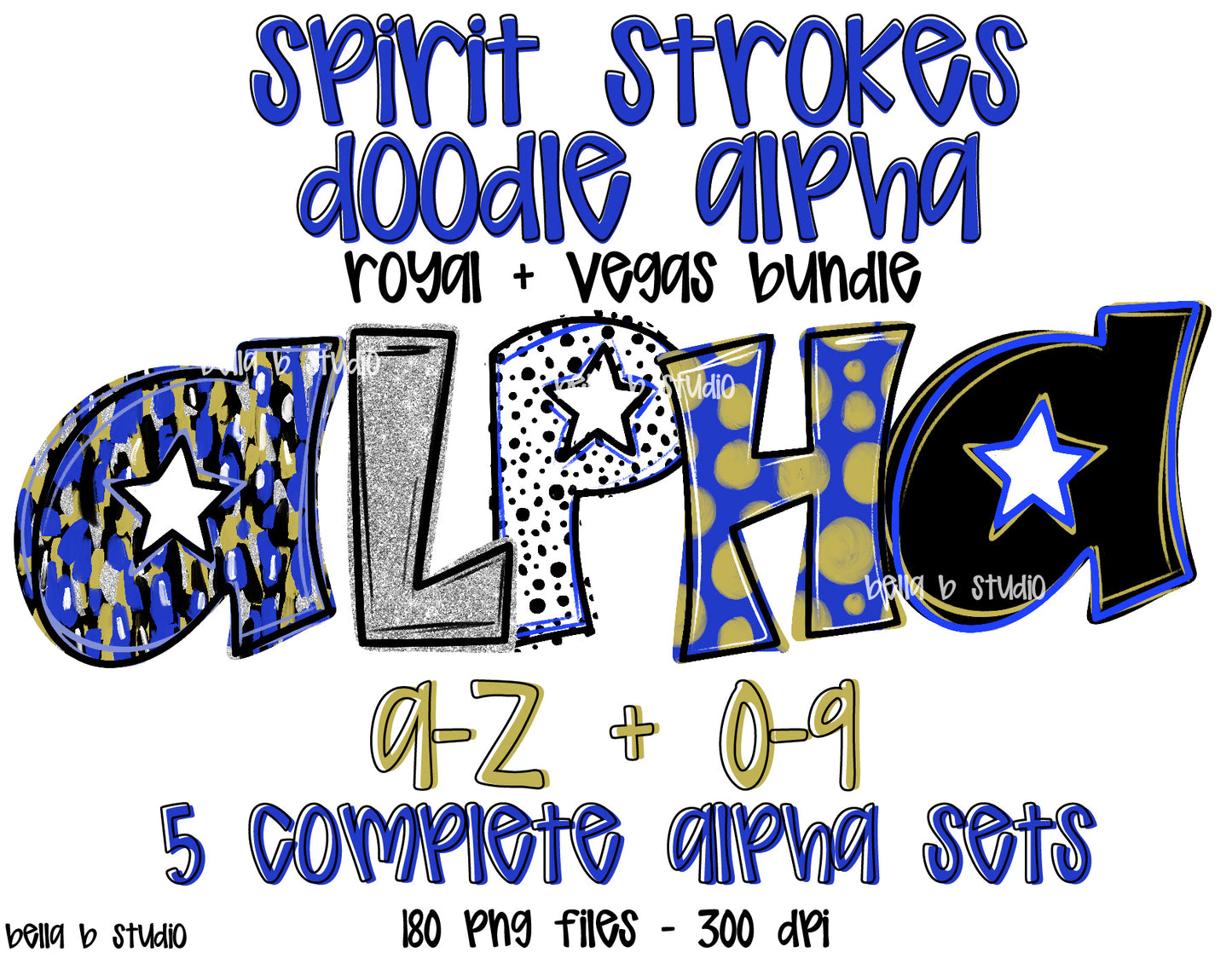 Royal and Vegas Gold Spirit Strokes Doodle Alpha Bundle - Set of 5 Alphabets