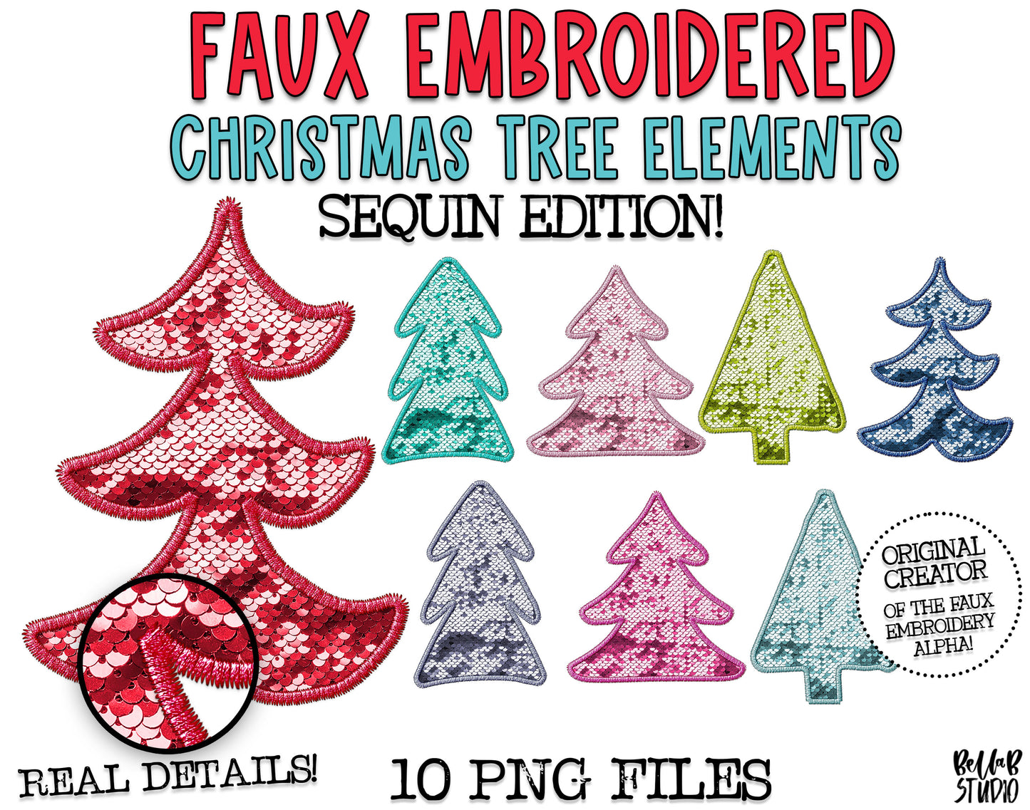 Faux Embroidered SEQUIN Christmas Tree Elements Bundle