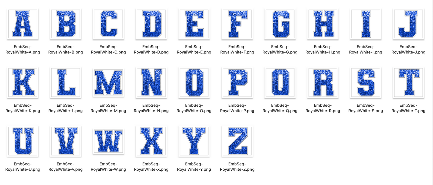 Faux Embroidered SEQUIN Alphabet Set -Royal/White