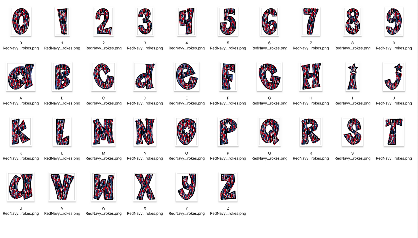 Red Navy Spirit Strokes Doodle Alpha Bundle - Set of 5 Alphabets