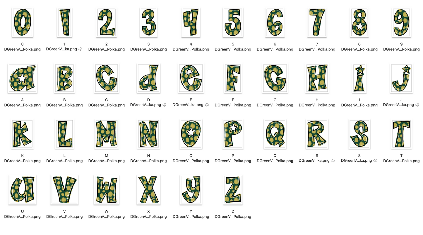 Dark Green And Vegas Gold Spirit Strokes Doodle Alpha Bundle - Set of 5 Alphabets