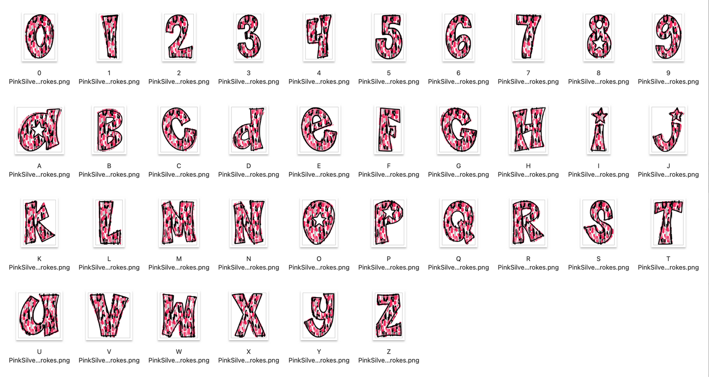 Pink and Silver Spirit Strokes Doodle Alpha Bundle - Set of 5 Alphabets