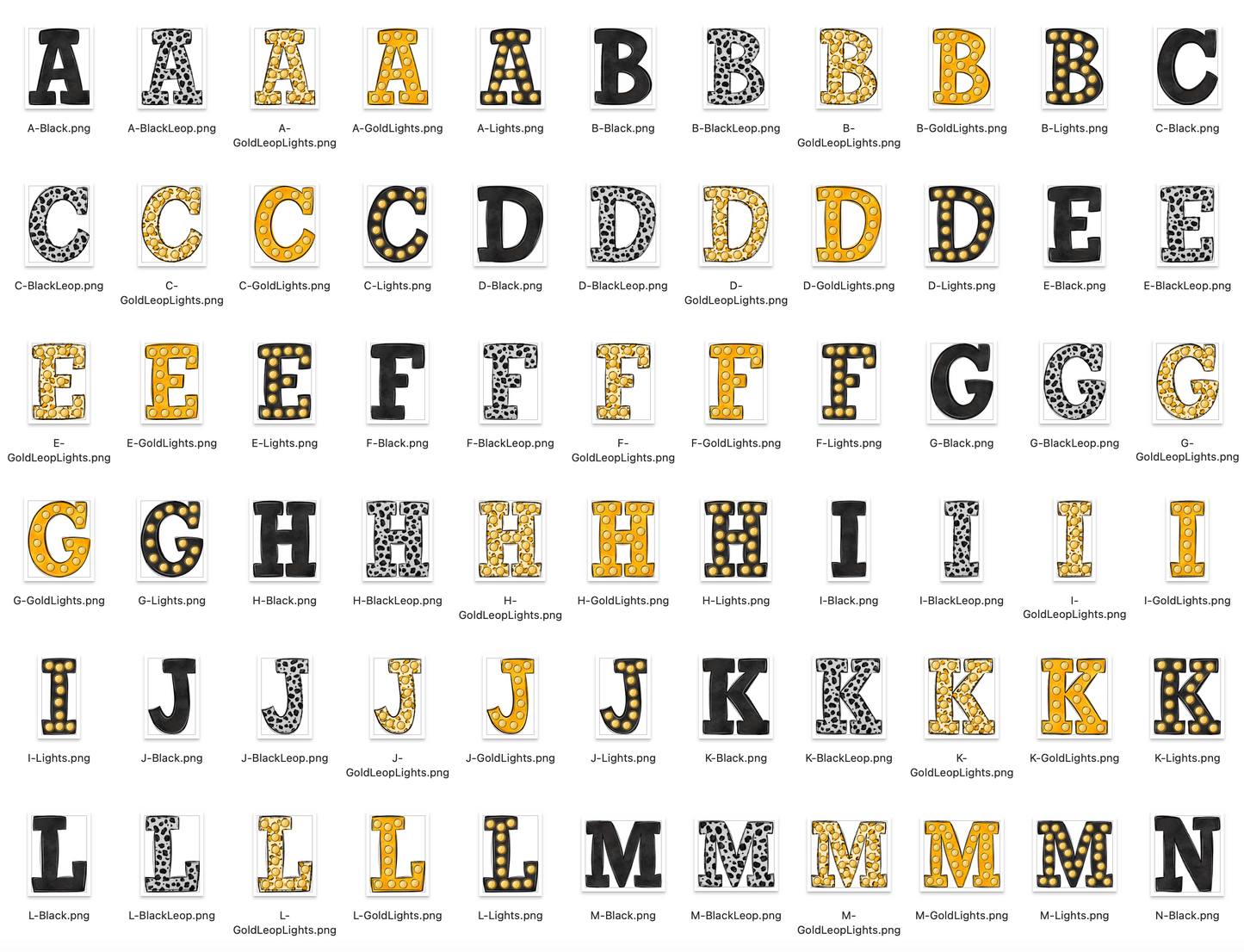 Black and Yellow Gold Spirit Marquee Varsity Alpha Bundle - Set of 5 Alphabets