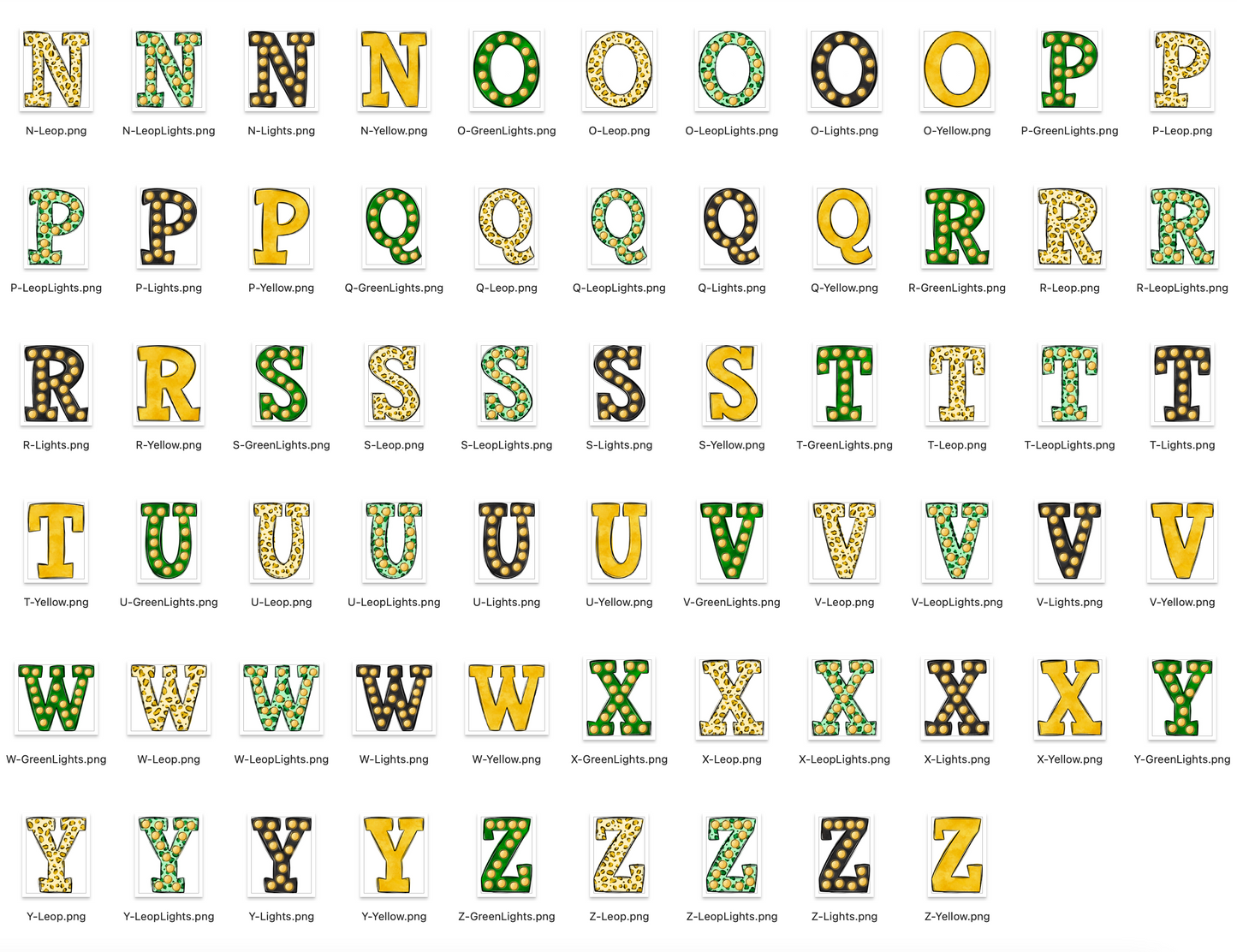 Green and Yellow Spirit Marquee Varsity Alpha Bundle - Set of 5 Alphabets