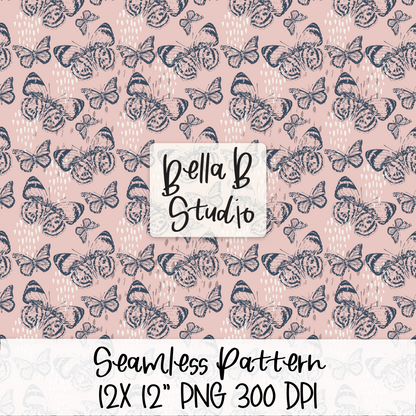 Blue Distressed Butterfly Seamless Digital Paper - PNG File