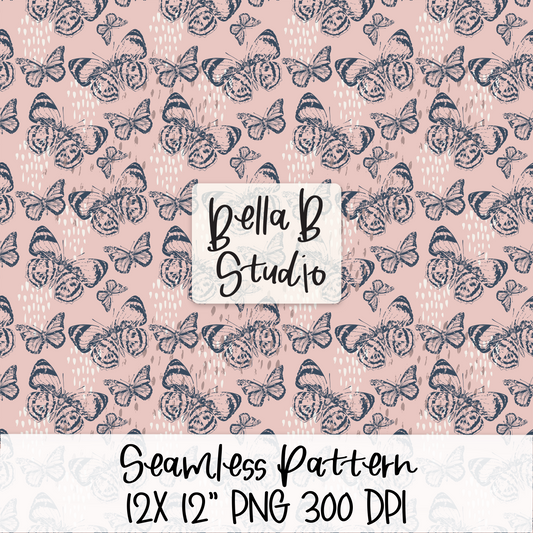 Blue Distressed Butterfly Seamless Digital Paper - PNG File