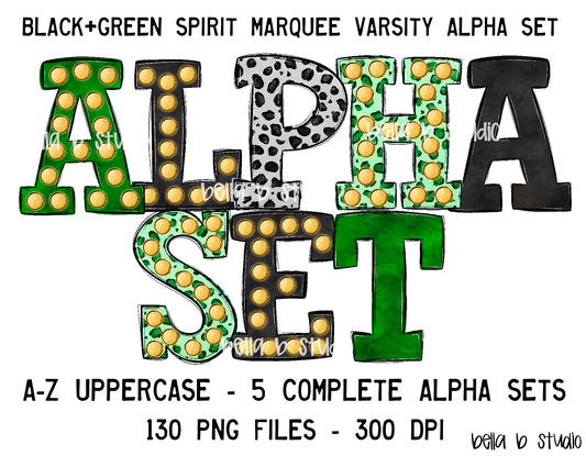 Green and Black Spirit Marquee Varsity Alpha Bundle - Set of 5 Alphabets