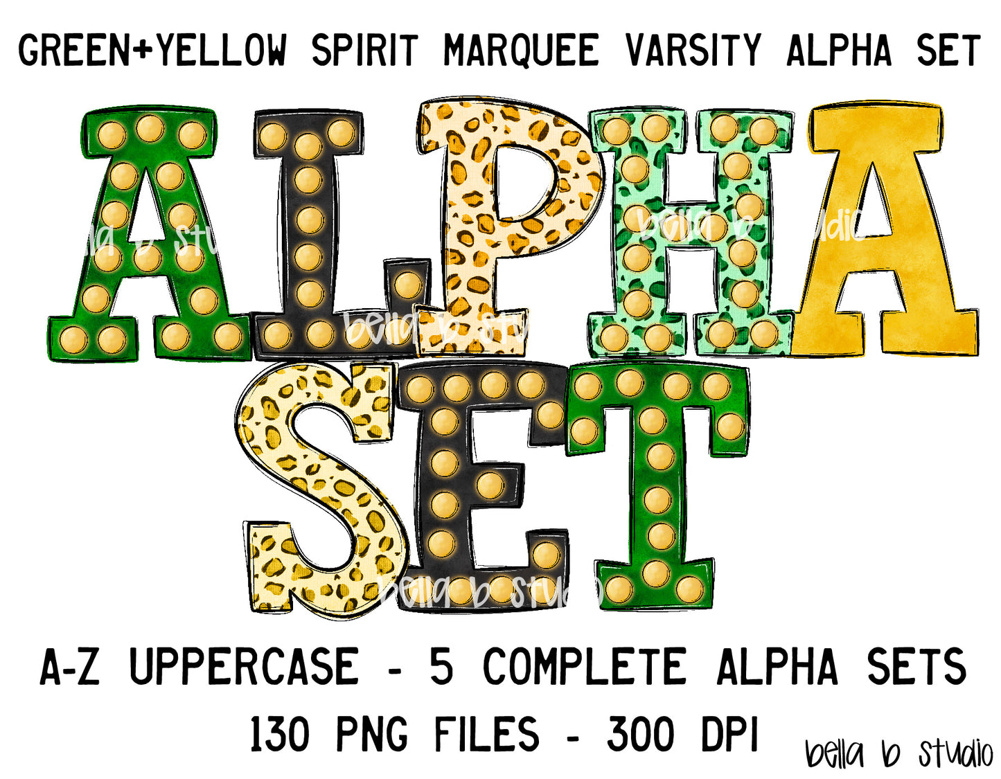 Green and Yellow Spirit Marquee Varsity Alpha Bundle - Set of 5 Alphabets