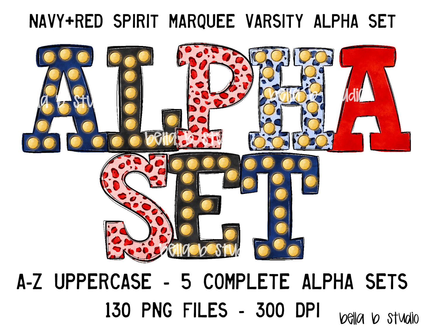 Navy and Red Spirit Marquee Varsity Alpha Bundle - Set of 5 Alphabets