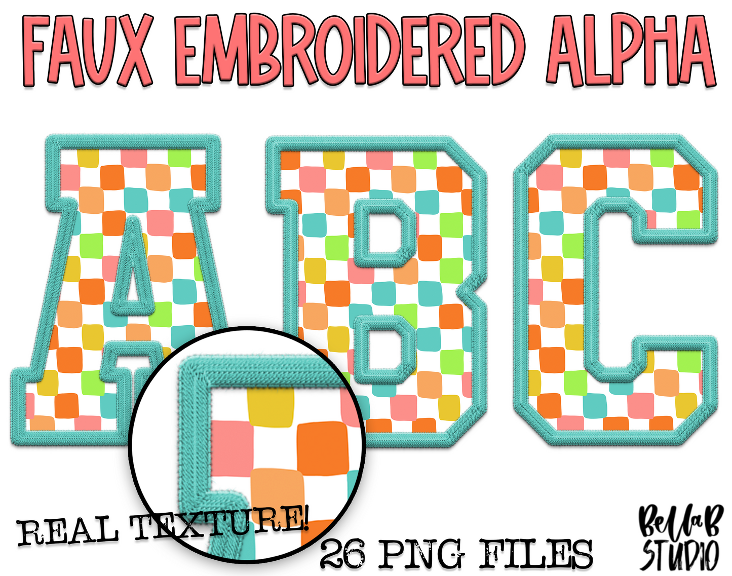 Faux Embroidered Alphabet Set - Bright Checkered