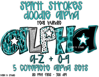 Teal Spirit Strokes Doodle Alpha Bundle - Set of 5 Alphabets