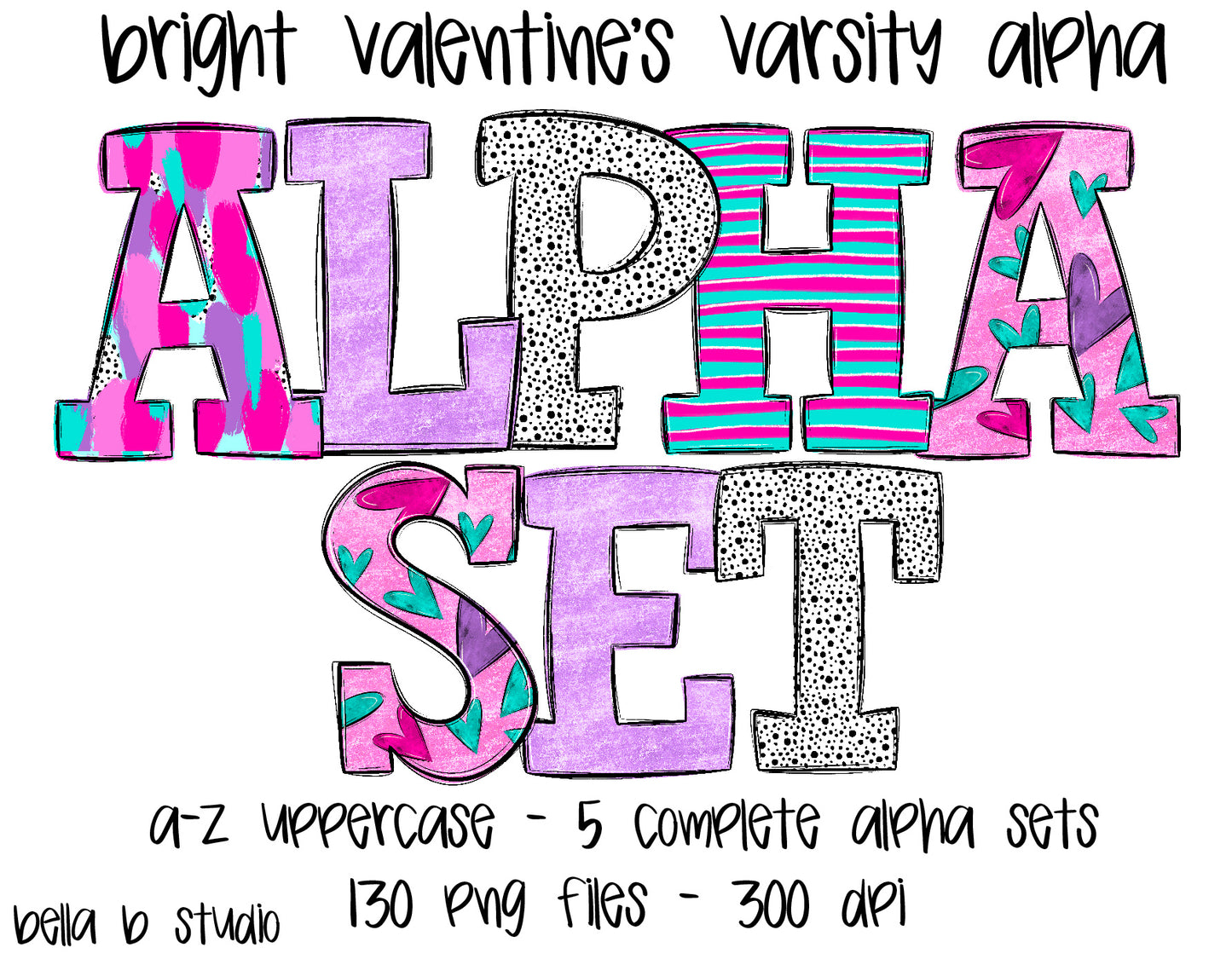 Bright Valentines Varsity Alpha Bundle - Set of 5 Alphabets