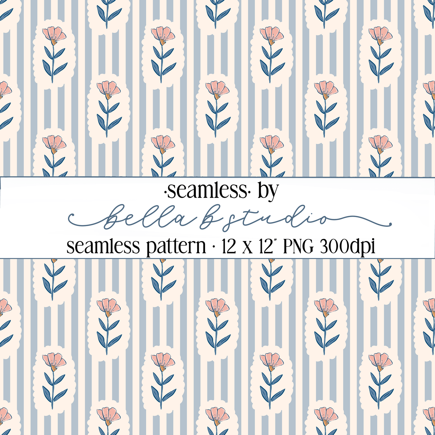 Blue Wildflowers and Stripes Seamless Digital Paper - PNG File