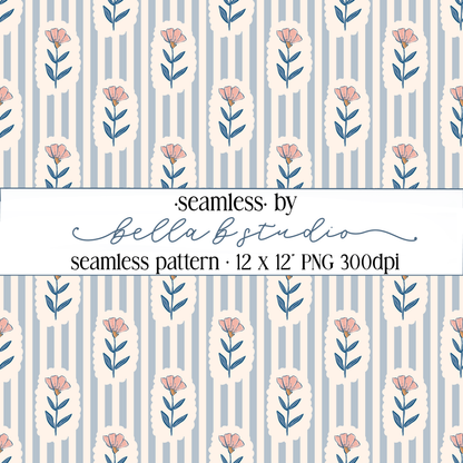Blue Wildflowers and Stripes Seamless Digital Paper - PNG File