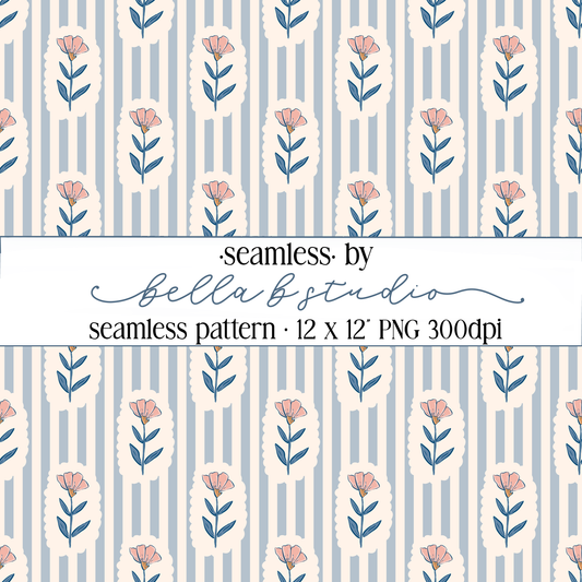 Blue Wildflowers and Stripes Seamless Digital Paper - PNG File
