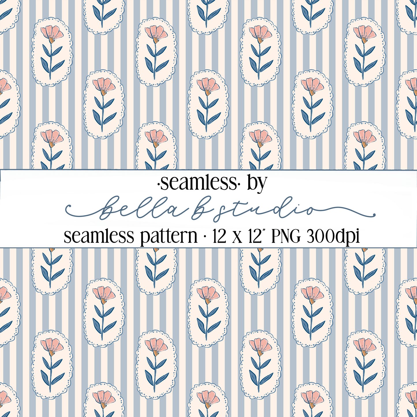 Blue Wildflowers and Stripes Seamless Digital Paper - PNG File