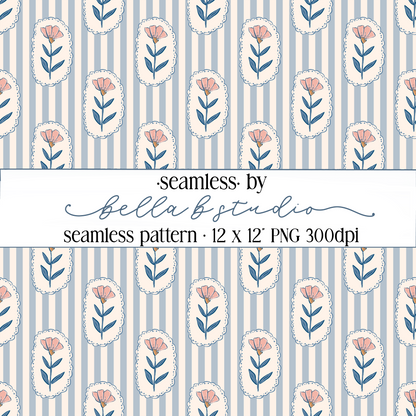 Blue Wildflowers and Stripes Seamless Digital Paper - PNG File
