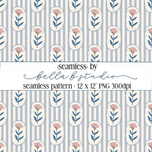 Blue Wildflowers and Stripes Seamless Digital Paper - PNG File
