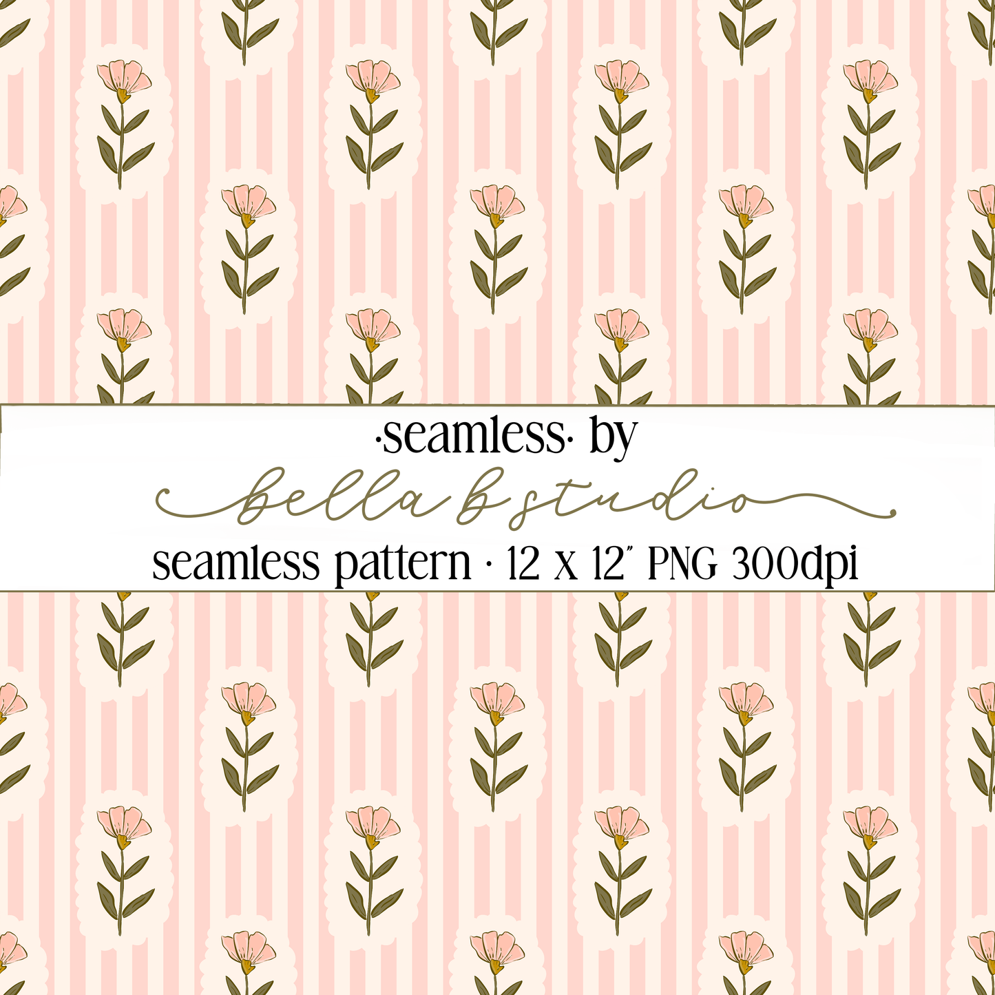 Pink Wildflowers and Stripes Seamless Digital Paper - PNG File