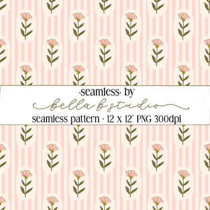 Pink Wildflowers and Stripes Seamless Digital Paper - PNG File