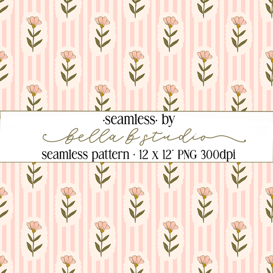 Pink Wildflowers and Stripes Seamless Digital Paper - PNG File