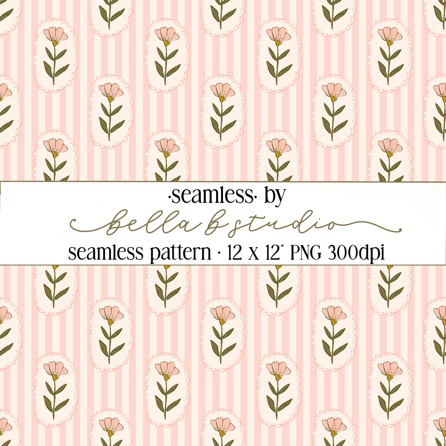Pink Wildflowers and Stripes Seamless Digital Paper - PNG File
