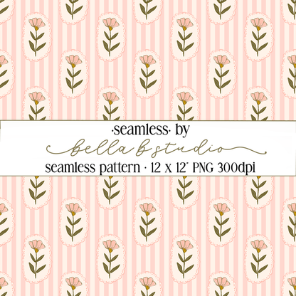 Pink Wildflowers and Stripes Seamless Digital Paper - PNG File