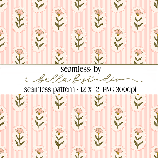 Pink Wildflowers and Stripes Seamless Digital Paper - PNG File