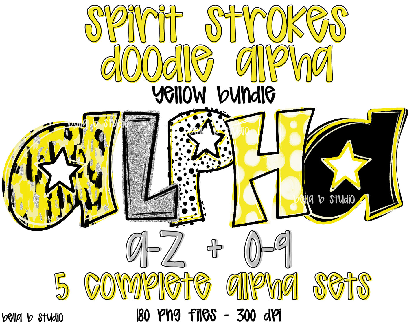 Yellow Spirit Strokes Doodle Alpha Bundle - Set of 5 Alphabets