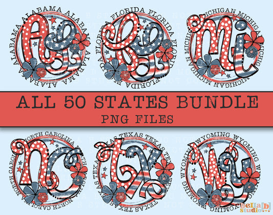 All 50 States Retro Flowers PNG Bundle