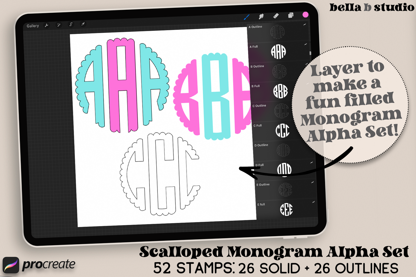 Single Line Scalloped Monogram Alpha PROCREATE STAMPS