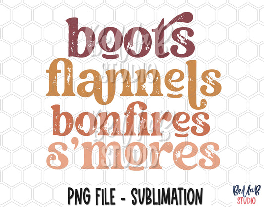 Boots Flannels Bonfires S'mores Sublimation Design