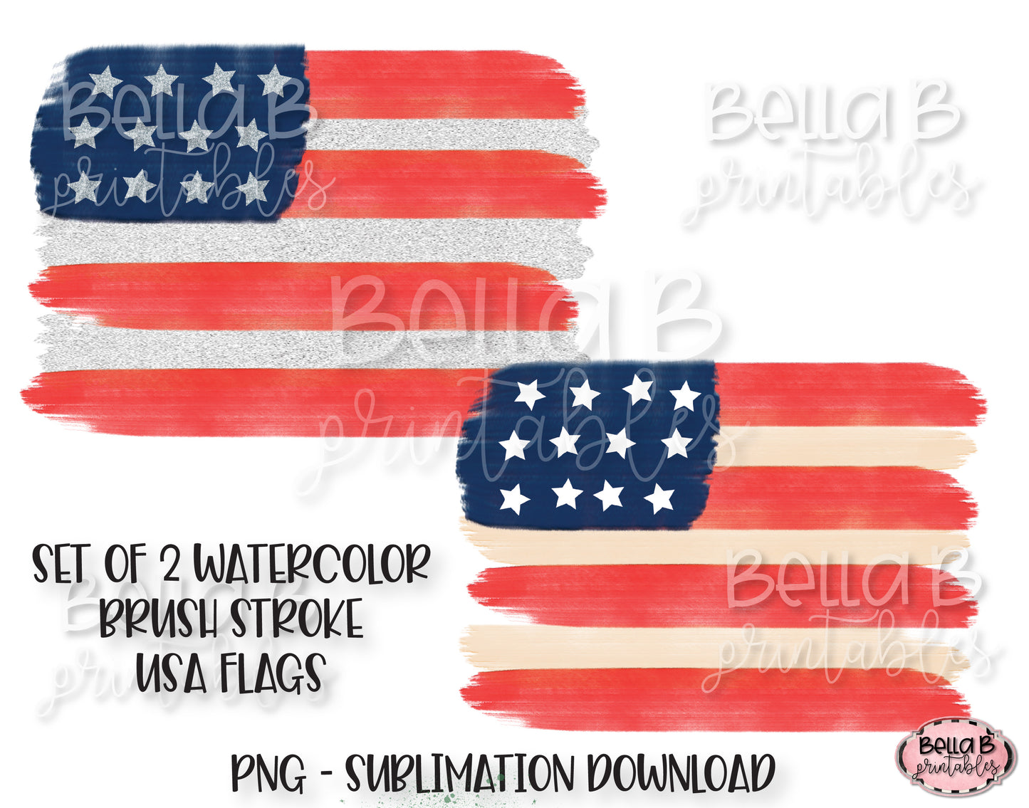 American Flag Sublimation Design, Watercolor Brushstrokes