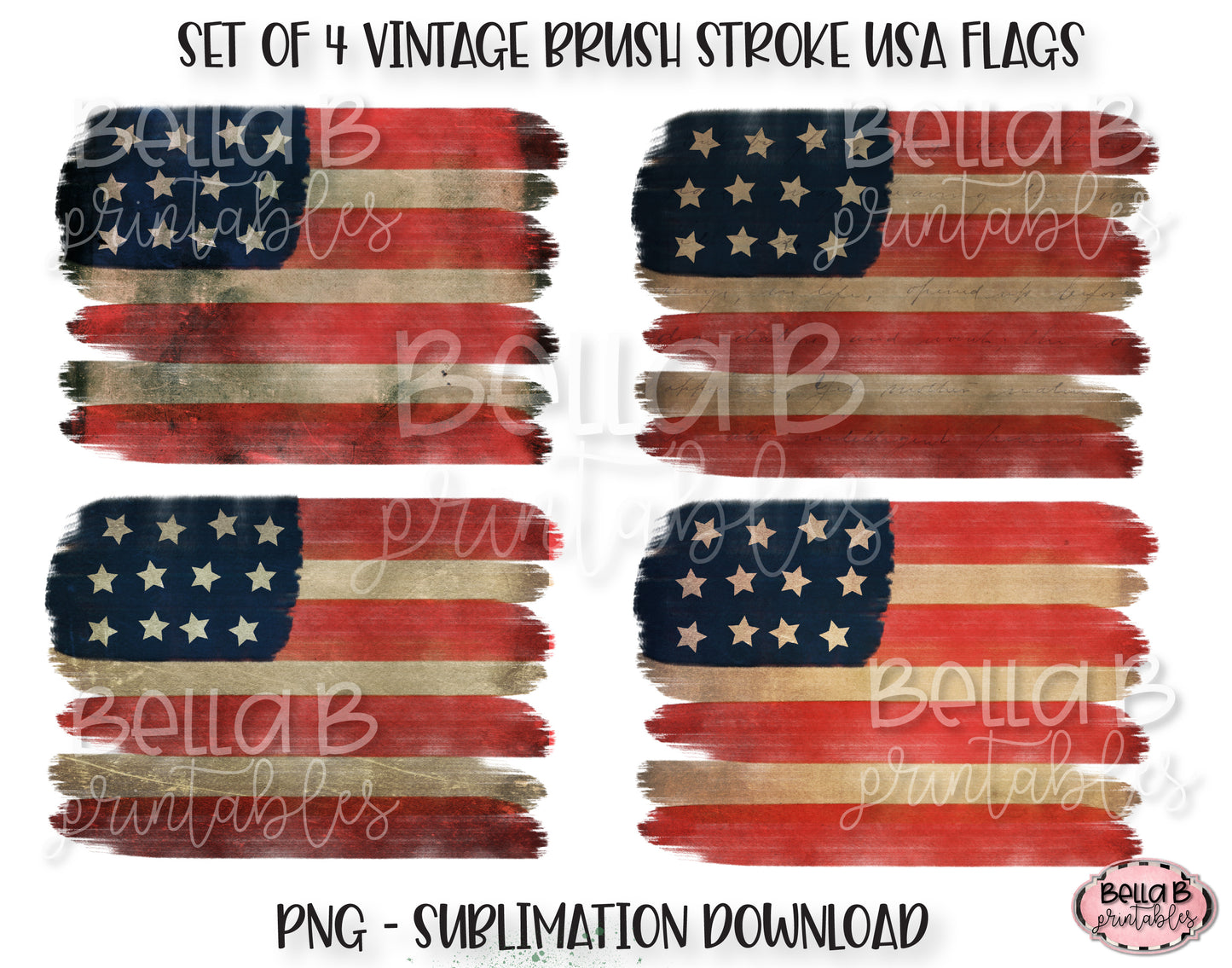 Vintage American Flag Sublimation Design Bundle, Watercolor Brushstrokes