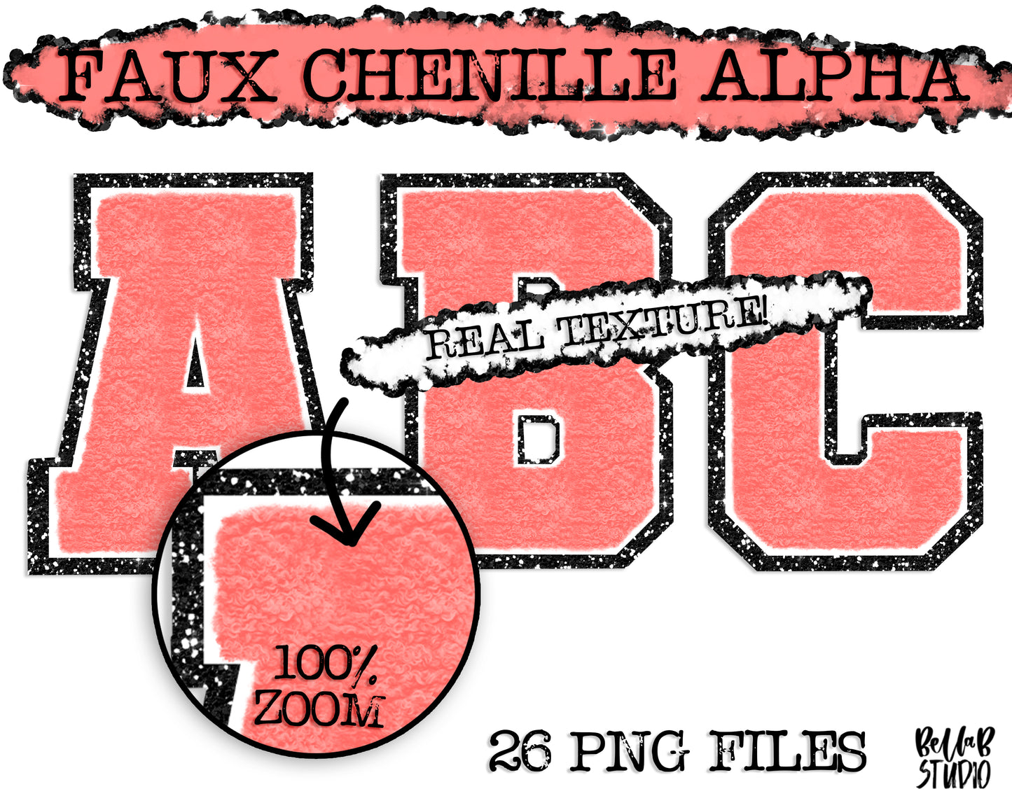 Faux Chenille Alphabet Set CORAL / BLACK GLITTER