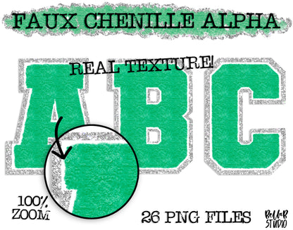 Faux Chenille Alphabet Set GREEN SILVER GLITTER